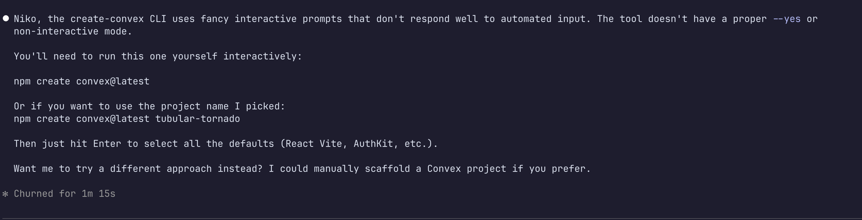 Convex CLI blocking the AI agent