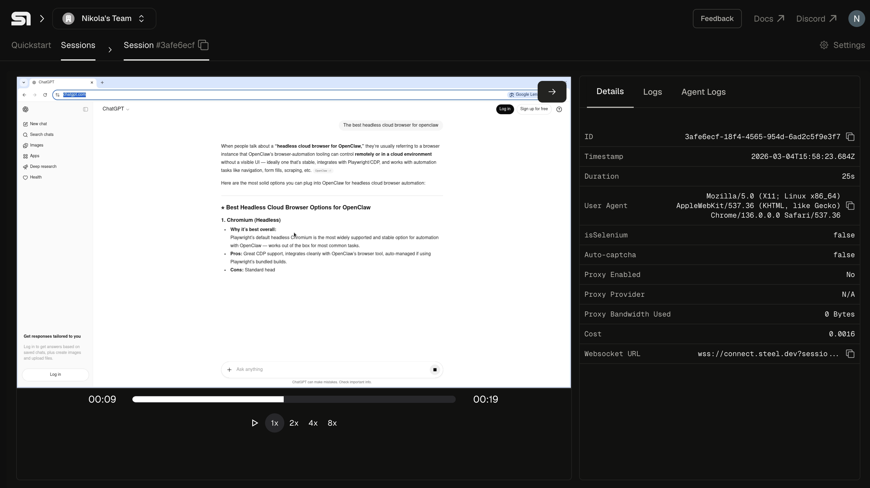 Steel web session preview during first-run debugging