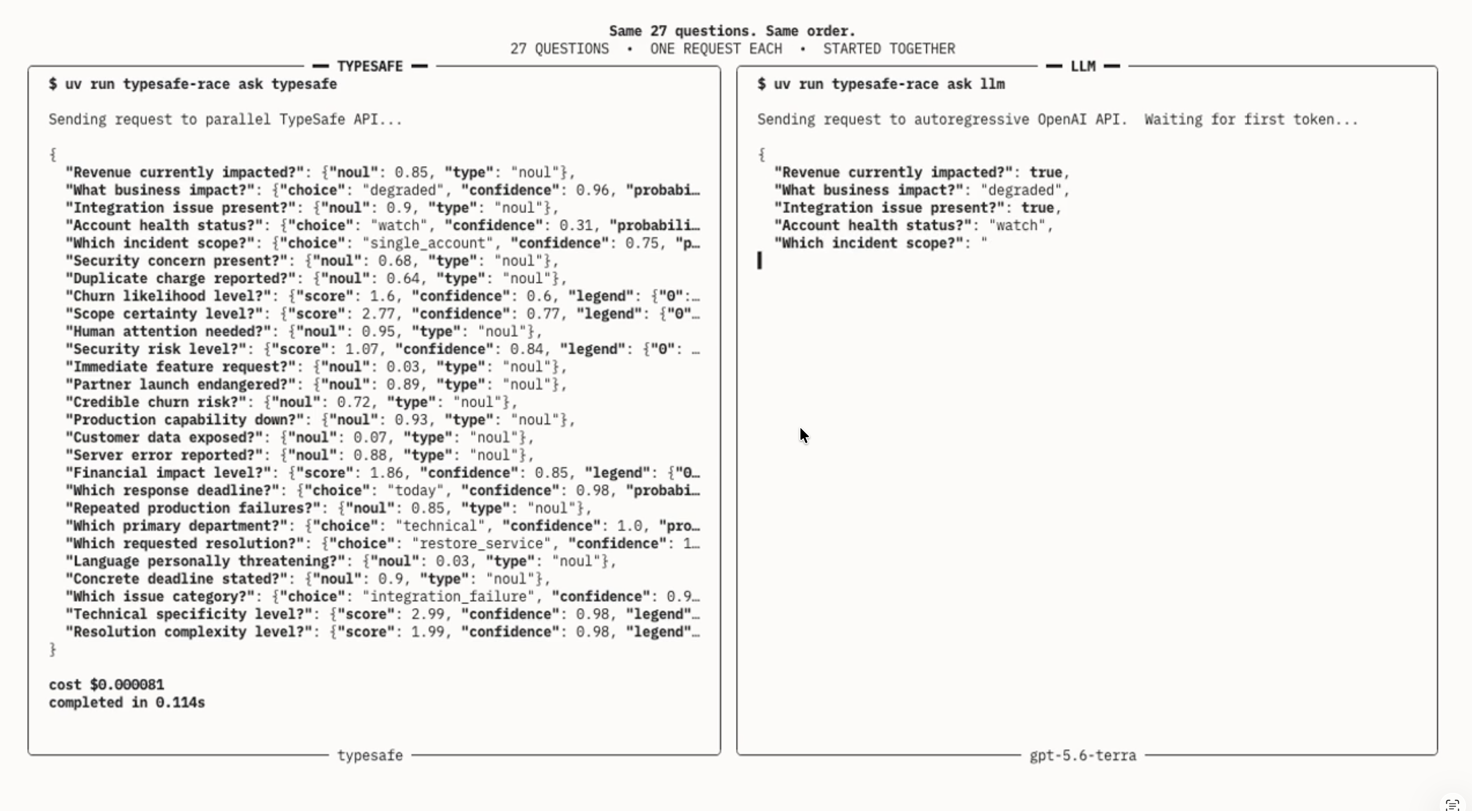 Two terminals answering the same 27 questions: TypeSafe has finished in 0.114 seconds while GPT-5.6 Terra is still generating its response.